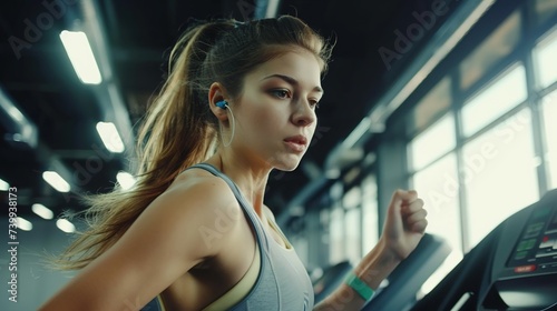 Beautiful Woman Working Out at Gym, running on Treadmill and Doing Fitness Exercises. Health 
