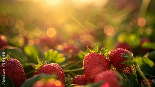 erdbeerfeld im sommer, selber pflücken, Erdbeeren ernten, früchte und obst sind gesund, saftig, frisch und süss, reif, natur, pflanze, rot, essen, sonnenschein, sonnenlicht, sonne, warm photo