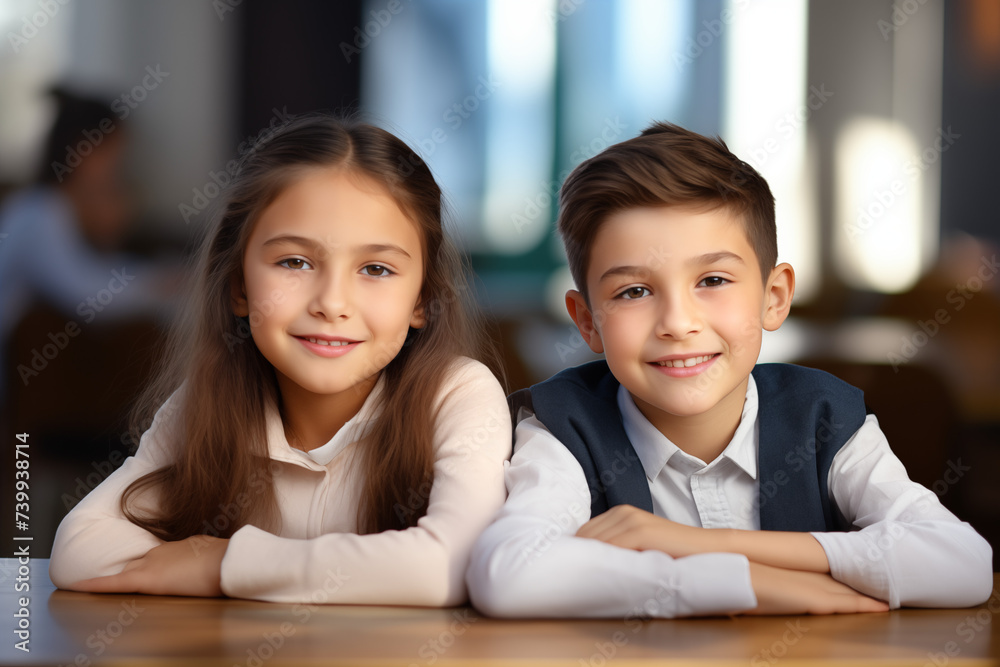 Happy children of school age sitting at the table and looking at the blurred background of the room Happy children of school age sitting at the table and looking at the blurred background of the room