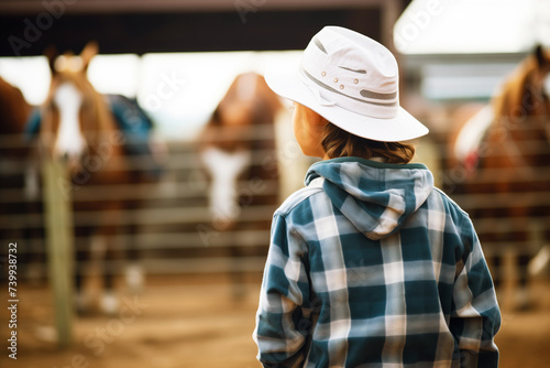 youngster in cowboy gear looking at a horse corral