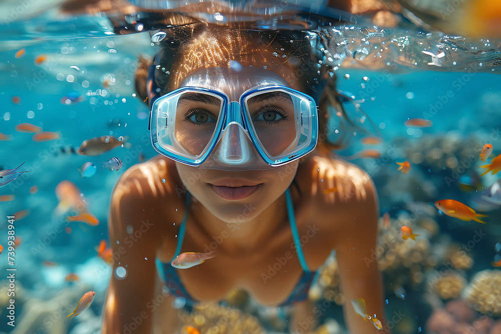 Fototapeta premium the girl diving among corals and colorful fish