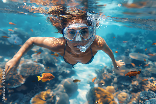 the girl diving among corals and colorful fish