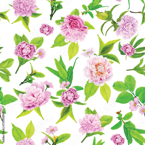 peonies floral watercolor seamless pattern illustration