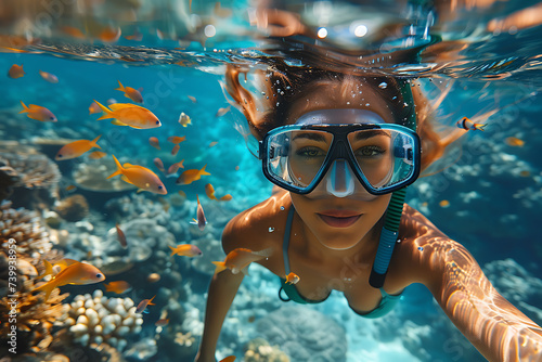 the girl diving among corals and colorful fish