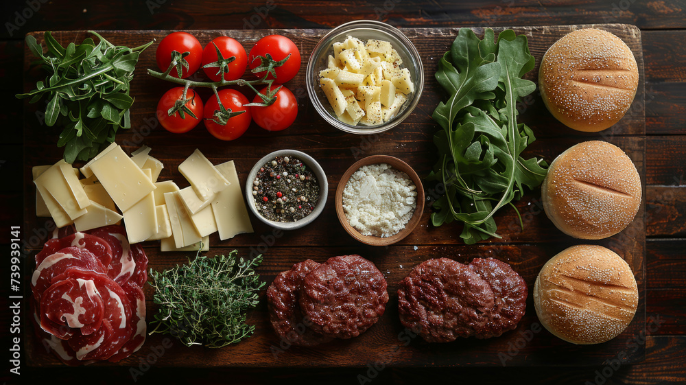 Ingredients for making a burger. Making a homemade burger - flat lay.