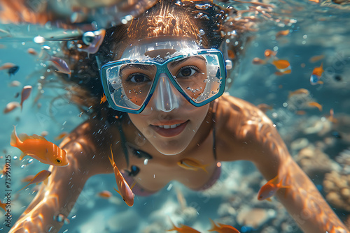 the girl diving among corals and colorful fish