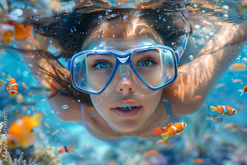 the girl diving among corals and colorful fish © Evhen Pylypchuk