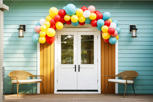 balloon wreath on front door of a cottagestyle new home photo