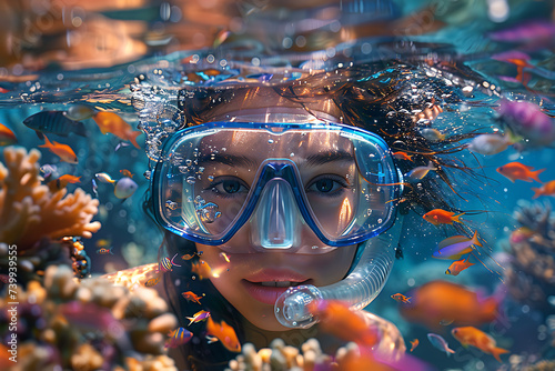 the girl diving among corals and colorful fish photo
