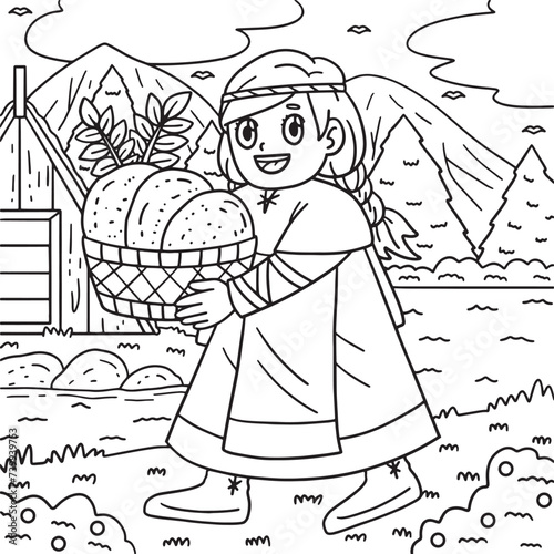 Viking Child with Basket of Bread Coloring Page 