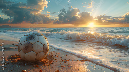 An abandoned soccer ball on a sandy beach at sunset.