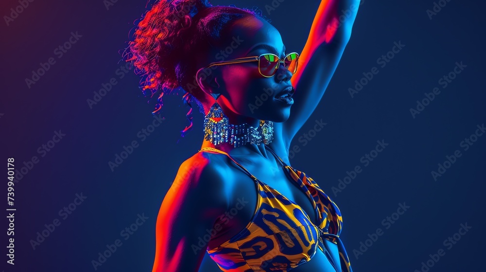 Abstract portrait of a beautiful black woman dancing in neon lights. AI generated image. Abstract portrait of a beautiful black woman dancing in neon lights. AI generated image.
