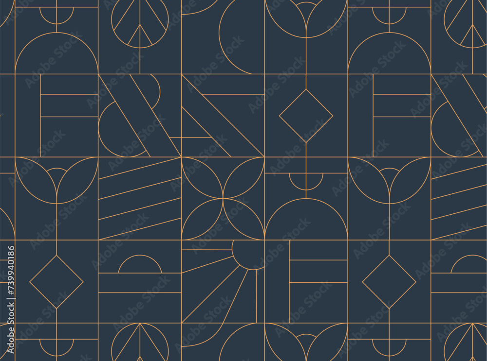 Art deco geometrical seamless vintage pattern drawing on blue background.