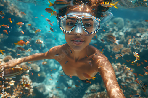 the girl diving among corals and colorful fish
