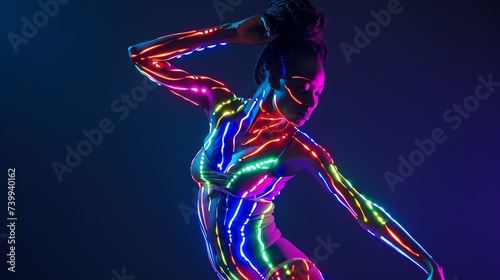 Abstract portrait of a beautiful black woman dancing in neon lights. AI generated image.