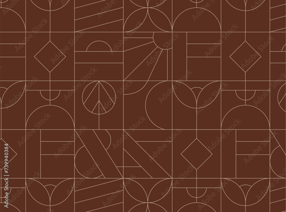 Art deco geometrical seamless vintage pattern drawing on brown background.