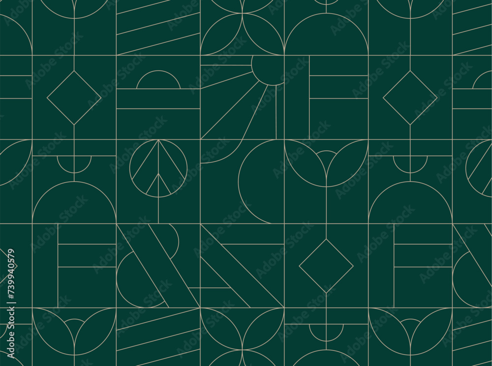 Art deco geometrical seamless vintage pattern drawing on green background.
