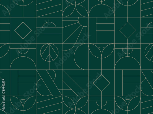 Art deco geometrical seamless vintage pattern drawing on green background.
