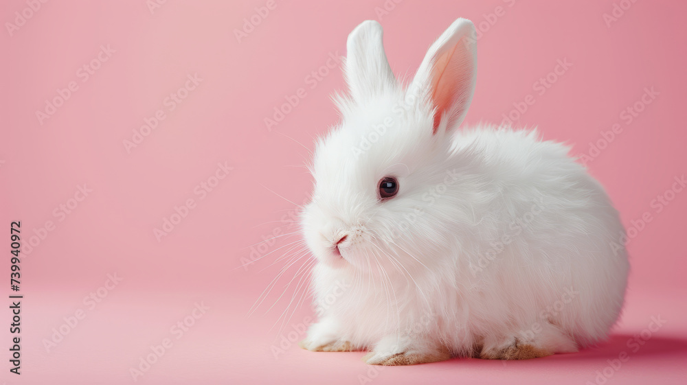Funny fluffy white rabbit on a pink background. Funny fluffy white rabbit on a pink background.