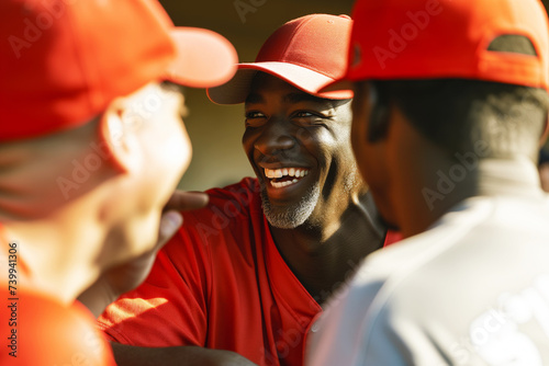 player laughing with teammates, dugout camaraderie, sunny
