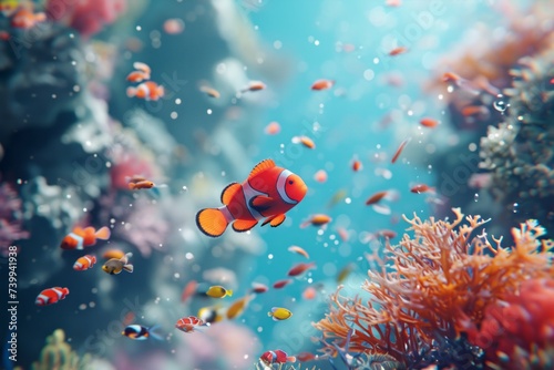 Colorful clownfish among vibrant coral reef with tiny fish in a serene underwater scene.