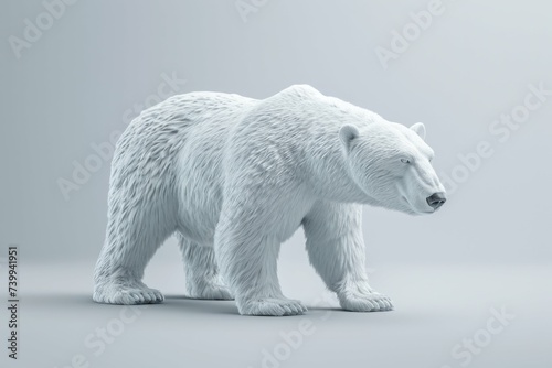 Polar bear walking in a minimalistic grey setting, side view. Perfect for wildlife and climate change themes.