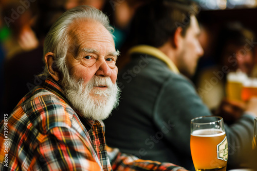 fashionable elder with a plaid shirt at a craft beer tasting