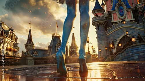 Back to the camera, long shot, legs of girl in Wonderland arrive at the entrance to playground