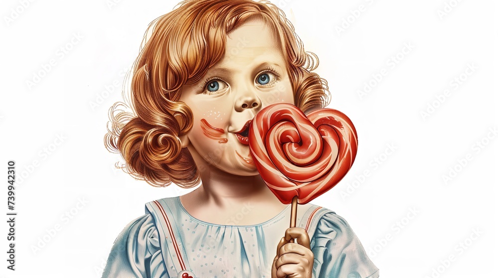 Child Licking Valentine's Lollipop Heart Shape

