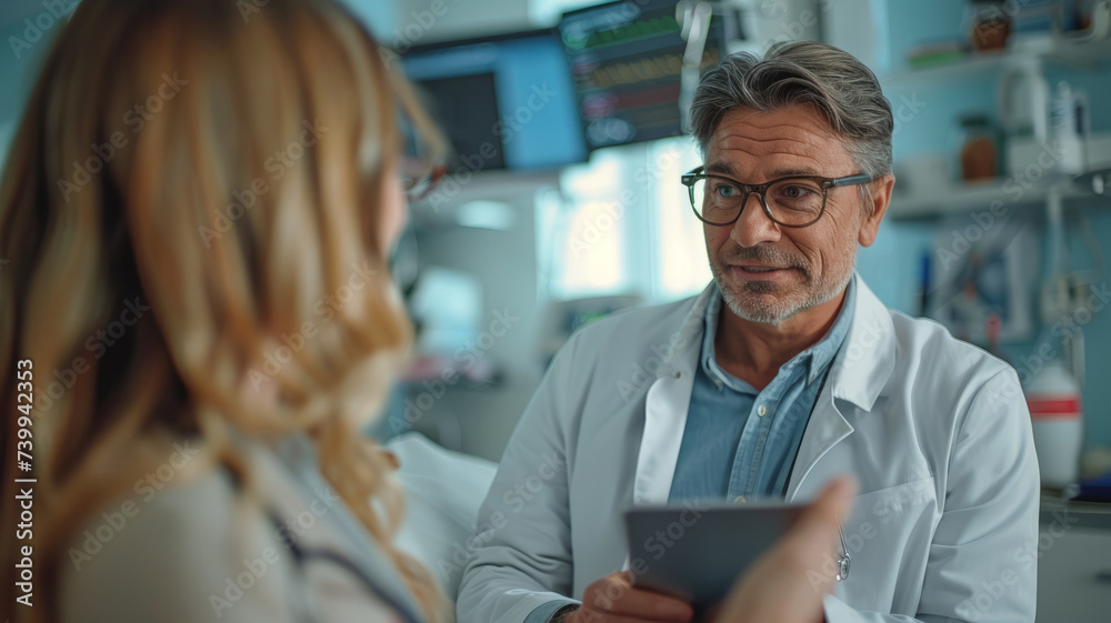 Fototapeta premium A male doctor in a white coat talks to a patient.