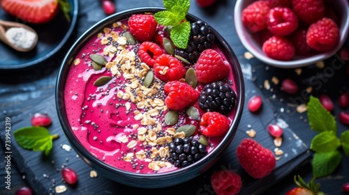 Bright and nutrient-rich smoothie bowl with berries and nuts on top, healthy eating, vegetarianism and diet concept 