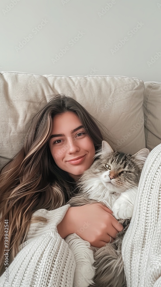 Embraced pet owner with kitty at home sleeping. Embraced pet owner with kitty at home sleeping.