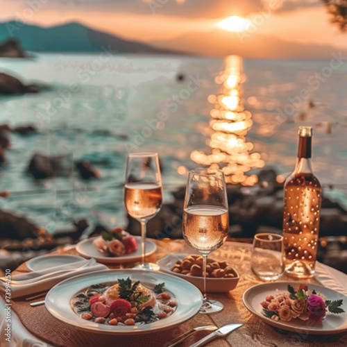 Summer love. Romantic sunset dinner on the beach. Table honeymoon set for two with luxurious food, glasses of rose wine drinks in a restaurant with sea view. Happy valentines day ai technology