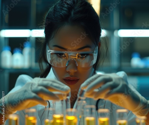 female scientist looking into test tube, abrasive authenticity photo