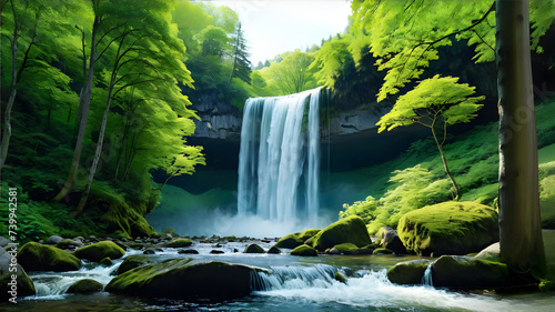 waterfall, water, nature, forest, Generative AI