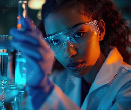 female scientist looking into test tube, abrasive authenticity photo