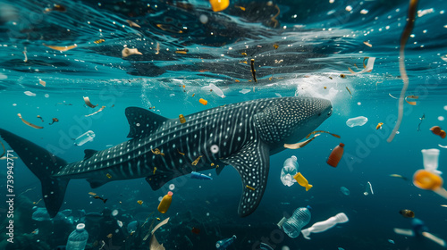 shark whale swimming in polluted ocean surrounded with trash and plastic bottle human waste illustration