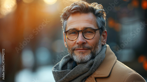 Close-up portrait of a man with a beard wearing stylish glasses.
