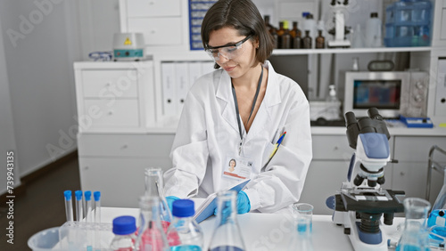 Young beautiful hispanic woman scientist smiling confident taking notes at laboratory