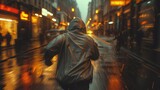 man wearing a hoodie running away from someone