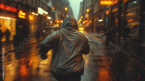 man wearing a hoodie running away from someone photo