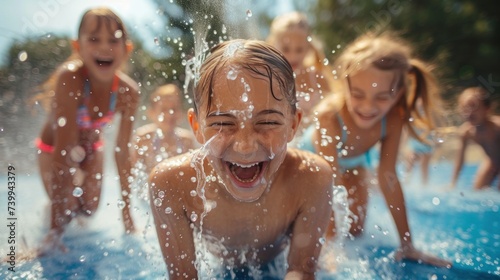 Happy Children Playing in a city fountain, summer fun in a childhod © lublubachka
