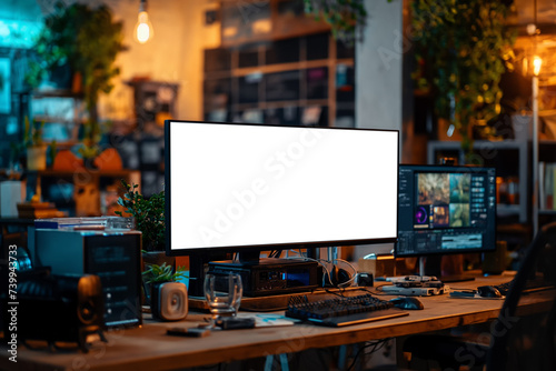 A dynamic and vibrant creative workstation with dual monitors, one displaying a blank screen, set in a cozy room filled with ambient lighting and plants.