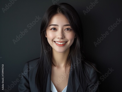 happy smiling or laughing Asian female office worker with black straight hair