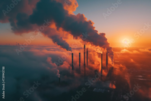 The setting sun casts a vivid backdrop behind towering smokestacks, as thick smoke billows into the sky, highlighting the stark contrast between natural beauty and industrial pollution.