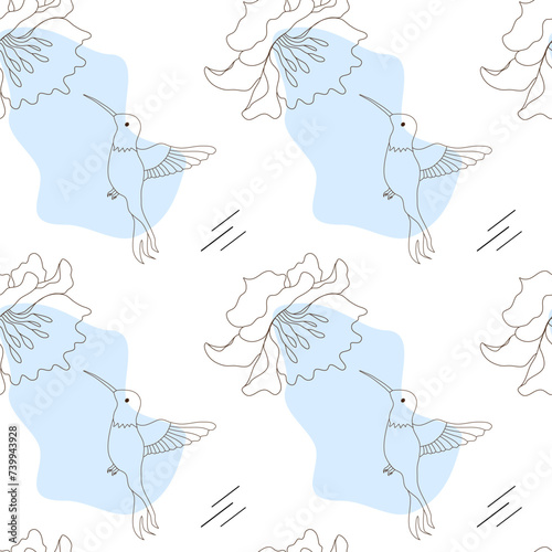 Hummingbird with flower, seamless pattern, stylish combination isolated set, ink sketch illustration. Bird background colibri tropical silhouette art. Black and white hand drawn vector image.