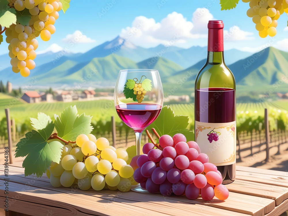 Naklejka premium Bottle and glass of wine and grapes on the table against the backdrop of a beautiful landscape