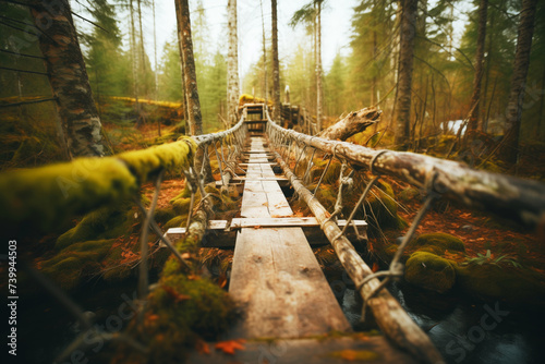 Canvas Print crossing a wooden footbridge in the forest