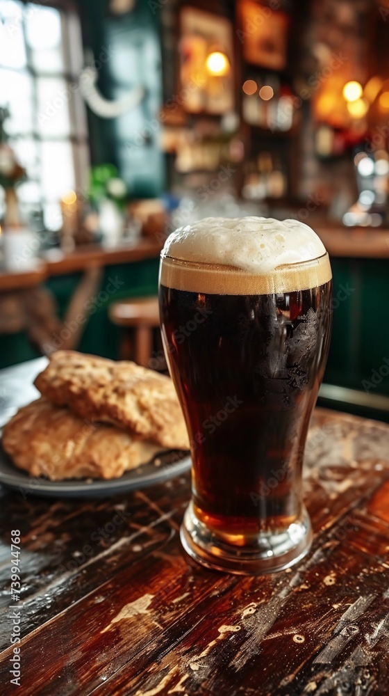 Pint of Irish stout beer with a perfect foam head and a plate of traditional Irish soda bread. Irish pub with St. Patrick's Day decor. Vertical wallpaper. AI Generated