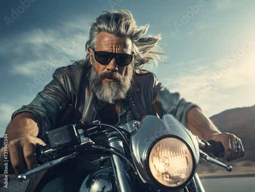 grey-haired bearded old man ready for riding motorcycle on blue sky and mountain background. mature brutal male wearing sunglasses, biker black leather jacket sitting on stylish motorbike. photo